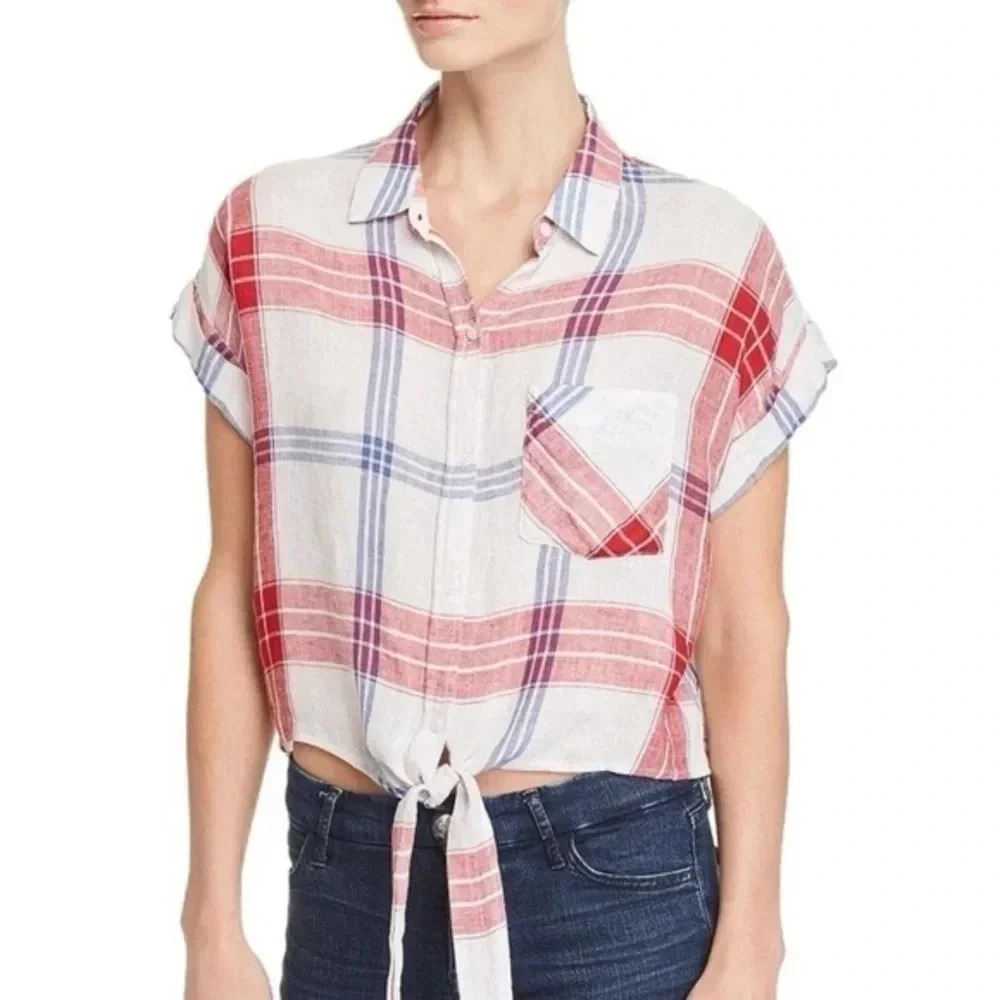 Rails Amelie Linen Plaid Tie Front Crop Button Down Top Red White Blue Size XS